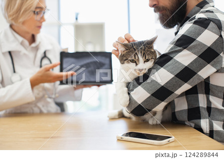Veterinarian presenting X-ray image of cat to bearded male in veterinary clinic. Tabby cat appears calm, man wears plaid, woman doctor in white coat holding X-ray modern veterinary medical environment Veterinarian presenting X-ray image of cat to bearded male in veterinary clinic. Tabby cat appears calm, man wears plaid, woman doctor in white coat holding X-ray modern veterinary medical environment 124289844