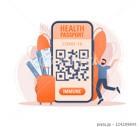 Mobile phone with immune digital health passport for covid-19. Green icon. Isometric concept. Covid pcr test vector icon. Vector isometric illustration. 124289845