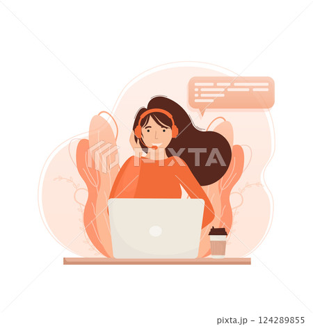 Call center, hotline flat vector illustrations. Smiling office workers with headsets cartoon characters. Character with headphones and microphone with laptop. Call center, hotline flat vector illustrations. Smiling office workers with headsets cartoon characters. Character with headphones and microphone with laptop. 124289855