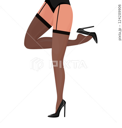 Cartoon flat legs template on white background. Cross-legged legs of girl in high-heeled black shoes. Beauty logo 124289906