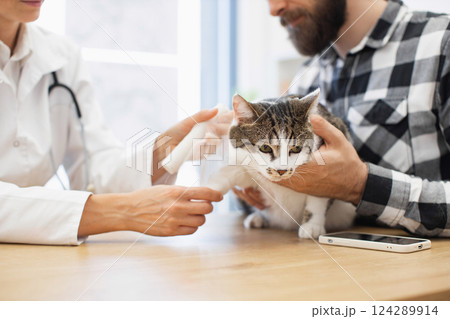 Veterinarian places splint on small cat's injured paw assisted by young adult owner. Scene shows care and tenderness in medical setting during treatment session. 124289914