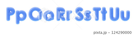 3d blue fur fluffy font of uppercase and lowercase letters Pp Qq Rr Ss Tt Uu. Fuzzy English ABC alphabet with hair texture. Capital, small letters of soft wool felt for education kids. 3D illustration 124290000