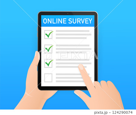 Checklist on tablet screen. Online survey concept. Hand holds tablet and check list with checkmark. Icon for mobile app design. Vector illustration. 124290074
