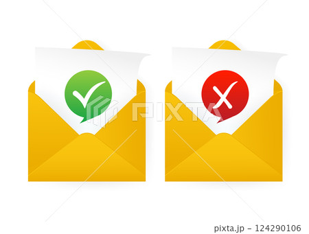 Check mark in envelope. Approved and rejected. Yellow template on white background. Vector illustration. 124290106