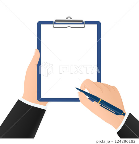 Flat signature hand with pen for paper design. Isolated flat vector illustration. Flat signature hand with pen for paper design. Isolated flat vector illustration. 124290182