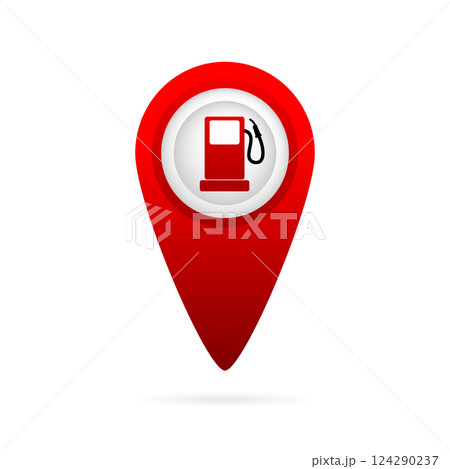 Map pointer with gas station icon. Map pin icon vector isolated on white background. 124290237