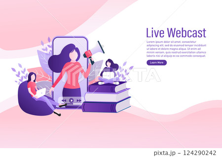 Live webcast in flat style with people. Listen to podcast. Flat illustration. Vector illustration. Live webcast in flat style with people. Listen to podcast. Flat illustration. Vector illustration. 124290242