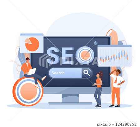 SEO Optimization, web analytics and seo marketing social media concept. Business people analytics and monitoring on web report dashboard monitor SEO Optimization, web analytics and seo marketing social media concept. Business people analytics and monitoring on web report dashboard monitor 124290253