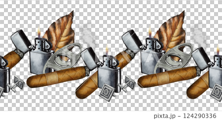 Seamless Border with Cigars and Accessories Seamless Border with Cigars and Accessories 124290336
