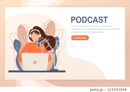 Live webcast in flat style with people. Listen to podcast. Flat illustration. Vector illustration. 124291044
