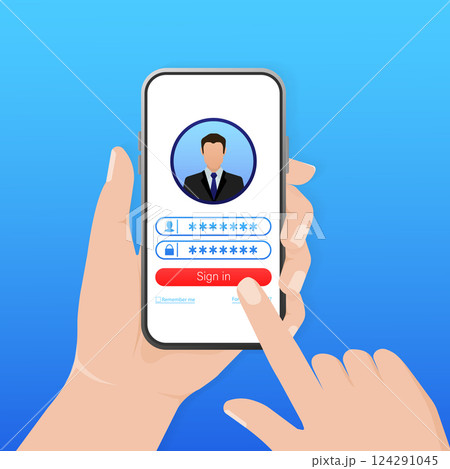 Log in tablet hands, great design for any purposes. Vector illustration flat design. Laptop screen. Phone icon vector. Cartoon button with log in tablet hands. 124291045