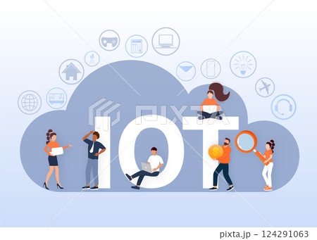 IOT. Internet of things, devices and connectivity concepts on a network, flat style with people. Spider web of network connections. Vector illustrations IOT. Internet of things, devices and connectivity concepts on a network, flat style with people. Spider web of network connections. Vector illustrations 124291063