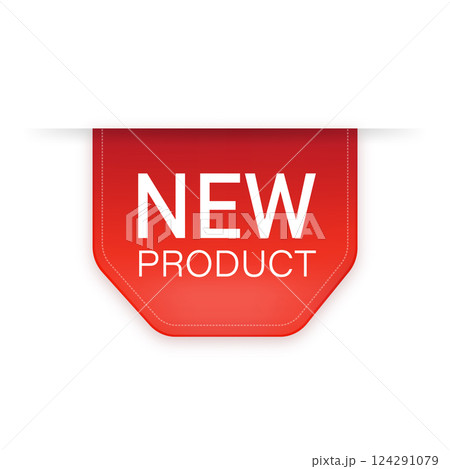 New product. Realistic badge in red color. Product advertising. Web design. Vector illustration. New product. Realistic badge in red color. Product advertising. Web design. Vector illustration. 124291079