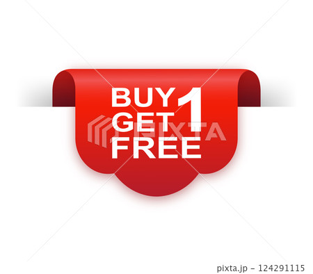 Buy 1 get 1 free red ribbon isolated on white background. Red label, banner for any purposes. Vector illustration. Buy 1 get 1 free red ribbon isolated on white background. Red label, banner for any purposes. Vector illustration. 124291115