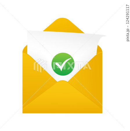 Flat yes mark encelope for paper design. Vector flat illustration. Email envelope icon vector illustration. Successful symbol. 124291117