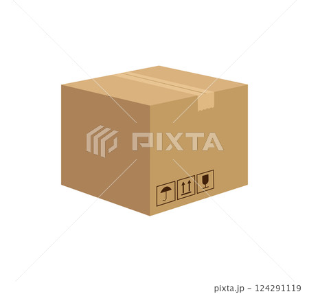 3d mockup with carton box isolated on white background. 3d illustration. Carton box single in cartoon style. Vector illustration. 124291119
