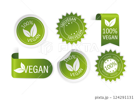 Green natural and vegan stickers and ribbons set in flat style. Vector illustration. 124291131