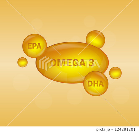 Golden omega 3 on white background. Vector design. Logo design. Logo fish. Isolated vector sign symbol. 124291201