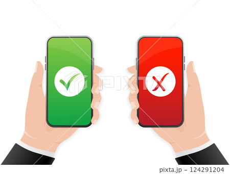 Hands holding smartphones with checkmarks set. Tick and cross check marks. Vector stock illustration. Hands holding smartphones with checkmarks set. Tick and cross check marks. Vector stock illustration. 124291204