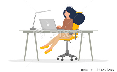 Remote work. Business people office work. Vector illustration, flat design. Cartoon girl sitting on the table with laptop isolated on white background. Remote work. Business people office work. Vector illustration, flat design. Cartoon girl sitting on the table with laptop isolated on white background. 124291235