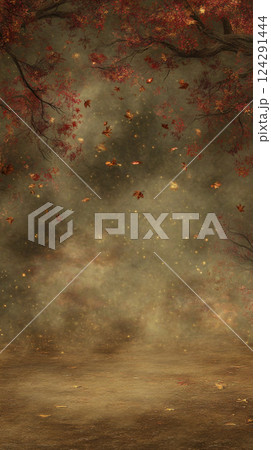 serene autumn landscape with falling leaves and misty background 124291444