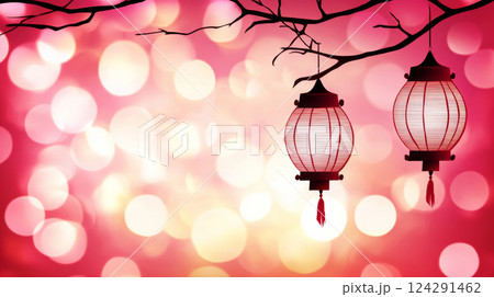 Red lanterns hanging on branch with bokeh background create festive atmosphere 124291462