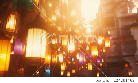 Softly glowing lanterns illuminate vibrant street scene at dusk 124291465
