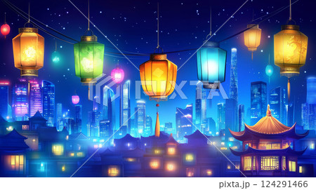Colorful lanterns illuminate vibrant city skyline at night 124291466