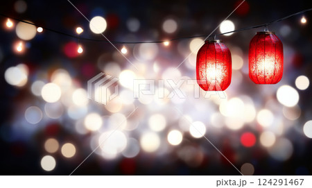 Red lanterns illuminate festive background with colorful bokeh lights 124291467