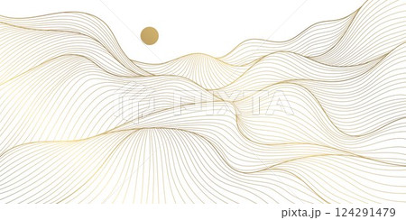 Vector line abstract wave landscape, desert, japanese style illustration. Mountain gold boho background. Sand, sea oriental art. 124291479