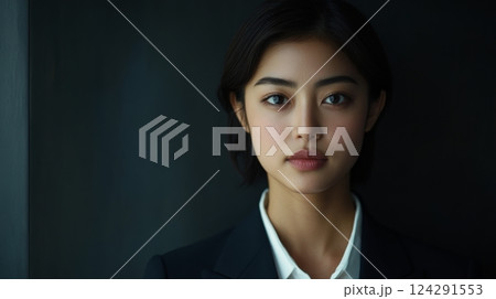 ビジネススーツを着た女性が都会の背景で自信に満ちた表情を見せる瞬間 124291553