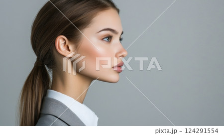 ビジネススーツを着た女性の横顔で、優雅で自信に満ちた表情を見せる 124291554