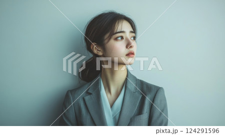 ビジネススーツを着た女性が壁に向かって考え 124291596
