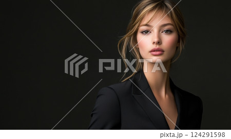 ファッションスタイルの女性が黒い背景に立っ 124291598