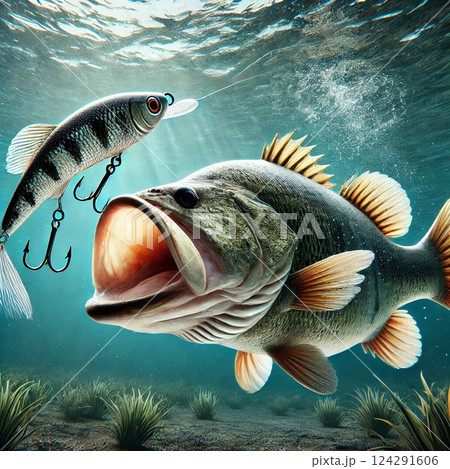 ルアーを追いかけているブラックバス 124291606