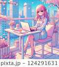 春のOLのテラスワークシーン｜アニメ風×パステルネオンカラー 124291631