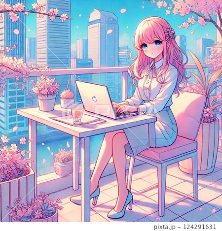 春のOLのテラスワークシーン|アニメ風×パステルネオンカラー 春のOLのテラスワークシーン|アニメ風×パステルネオンカラー 124291631