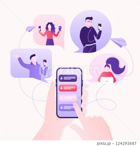 Chat people for concept design. Vector text. Business people teamwork. Social media concept. Flat vector character illustration. Characters talking. 124291687