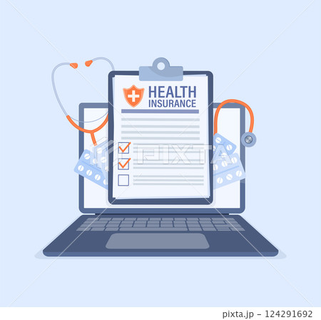 Vector illustration with health insurance concept. Big clipboard with doctor and woman. Healthcare, finance and medical service. Vector illustration in flat style. 124291692