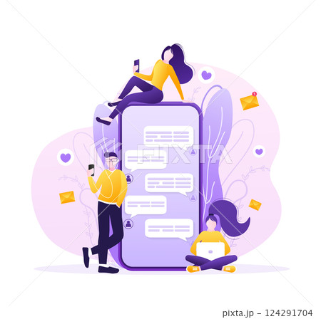 Flat advertising with people smartphone megaphone. Flat advertising. Social media marketing. Phone icon vector. 124291704