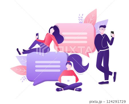 Chat people for concept design. Vector text. Business people teamwork. Social media concept. Flat vector character illustration. Characters talking. Chat people for concept design. Vector text. Business people teamwork. Social media concept. Flat vector character illustration. Characters talking. 124291729