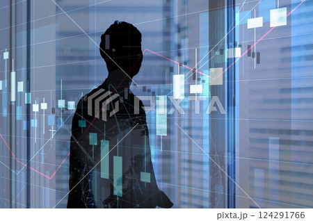 ビジネスマン、ビジネス、金融、投資、株、男性、人物、オフィス、シルエット、チャート、経済 124291766