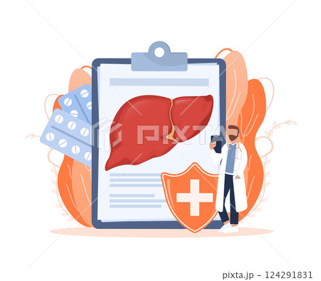 Flat illustration with liver on white background for medical design. Characters in cartoon style. Vector hepatic system organ, digestive gallbladder organ. 124291831