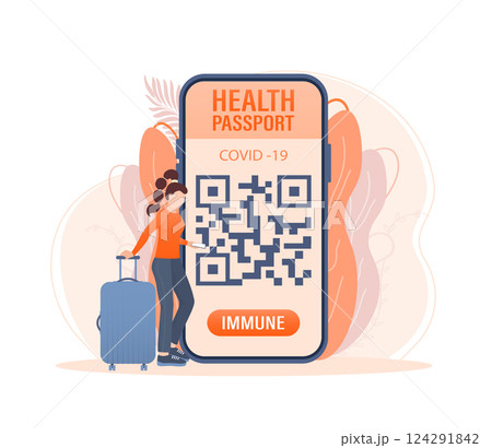 Mobile phone with immune digital health passport for covid-19. Green icon. Isometric concept. Covid pcr test vector icon. Vector isometric illustration. Mobile phone with immune digital health passport for covid-19. Green icon. Isometric concept. Covid pcr test vector icon. Vector isometric illustration. 124291842