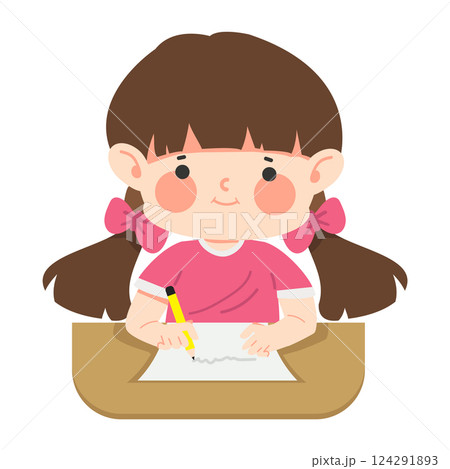 young girl doing her homework and writing 124291893