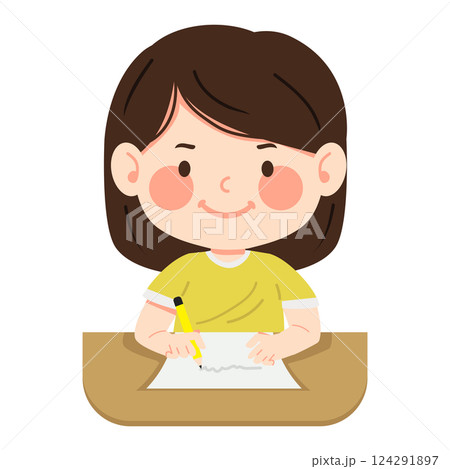 young kid doing her homework and writingのイラスト素材 [124291897] - PIXTA