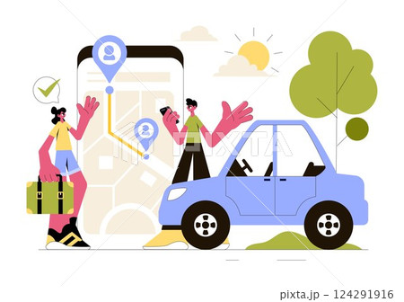 Ride Sharing Vector Illustration Featuring Shared Transportation Services Using Vehicles to Transport Passengers from One Place to Another 124291916