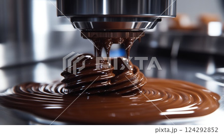 Futuristic 3D printer creates molten chocolate swirls with precision technology in a modern food lab, showcasing advanced dessert manufacturing craftsmanship 124292852