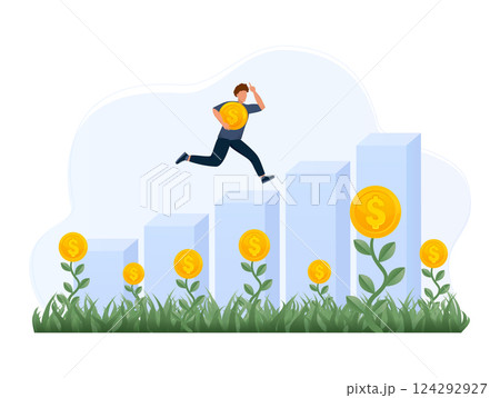 Compound interest, money growth investment. Businessman putting coins in jar on money stack step growing growth saving money 124292927