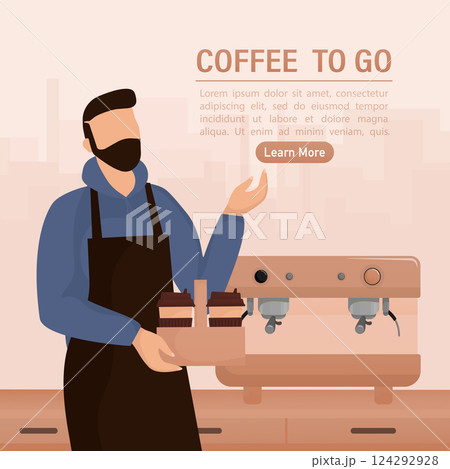 Flat illustration with coffee to go people. Cartoon people illustration. Characters with drink in paper cup. Shop, drink, coffee to go concept. Flat illustration with coffee to go people. Cartoon people illustration. Characters with drink in paper cup. Shop, drink, coffee to go concept. 124292928